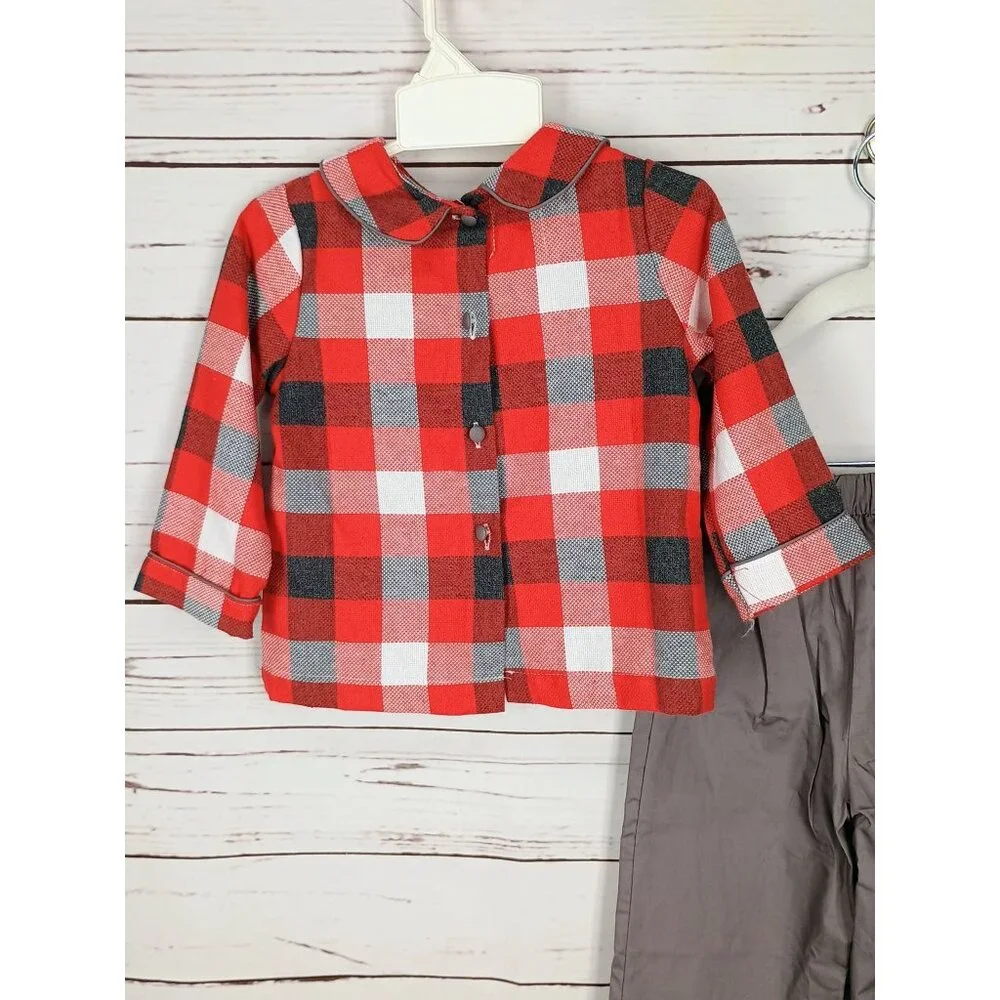 The Oaks Apparel Red‎ & Gray Plaid Shirt With Gray Pants Set 24 months NWT